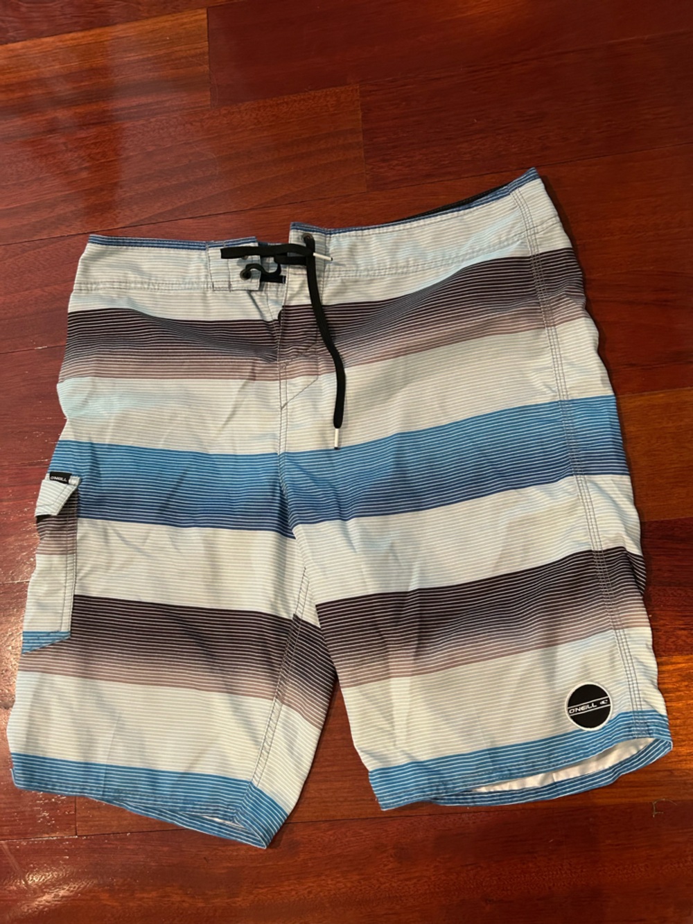 O'Neill Men’s Blue, White & Brown Striped Swim Trunks Shortd Sz 33